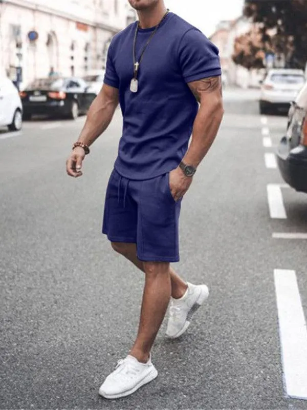 Solid Short-Sleeve Shorts Men Clothing Set