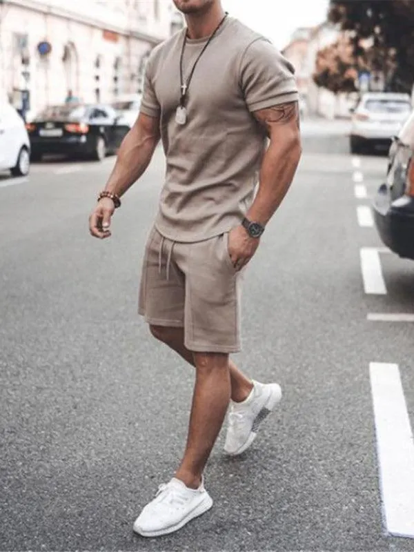 Solid Short-Sleeve Shorts Men Clothing Set