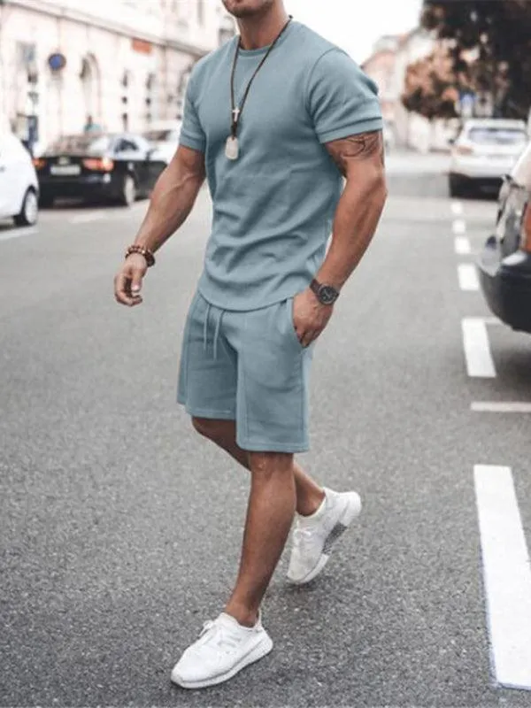 Solid Short-Sleeve Shorts Men Clothing Set