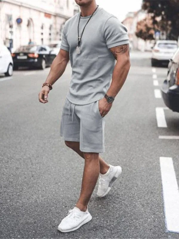 Solid Short-Sleeve Shorts Men Clothing Set