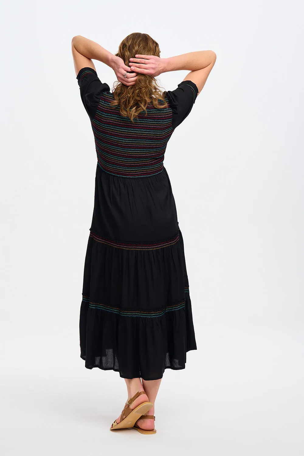 Sugarhill Brighton Harley Black Rainbow Shirring Midi Shirred Dress