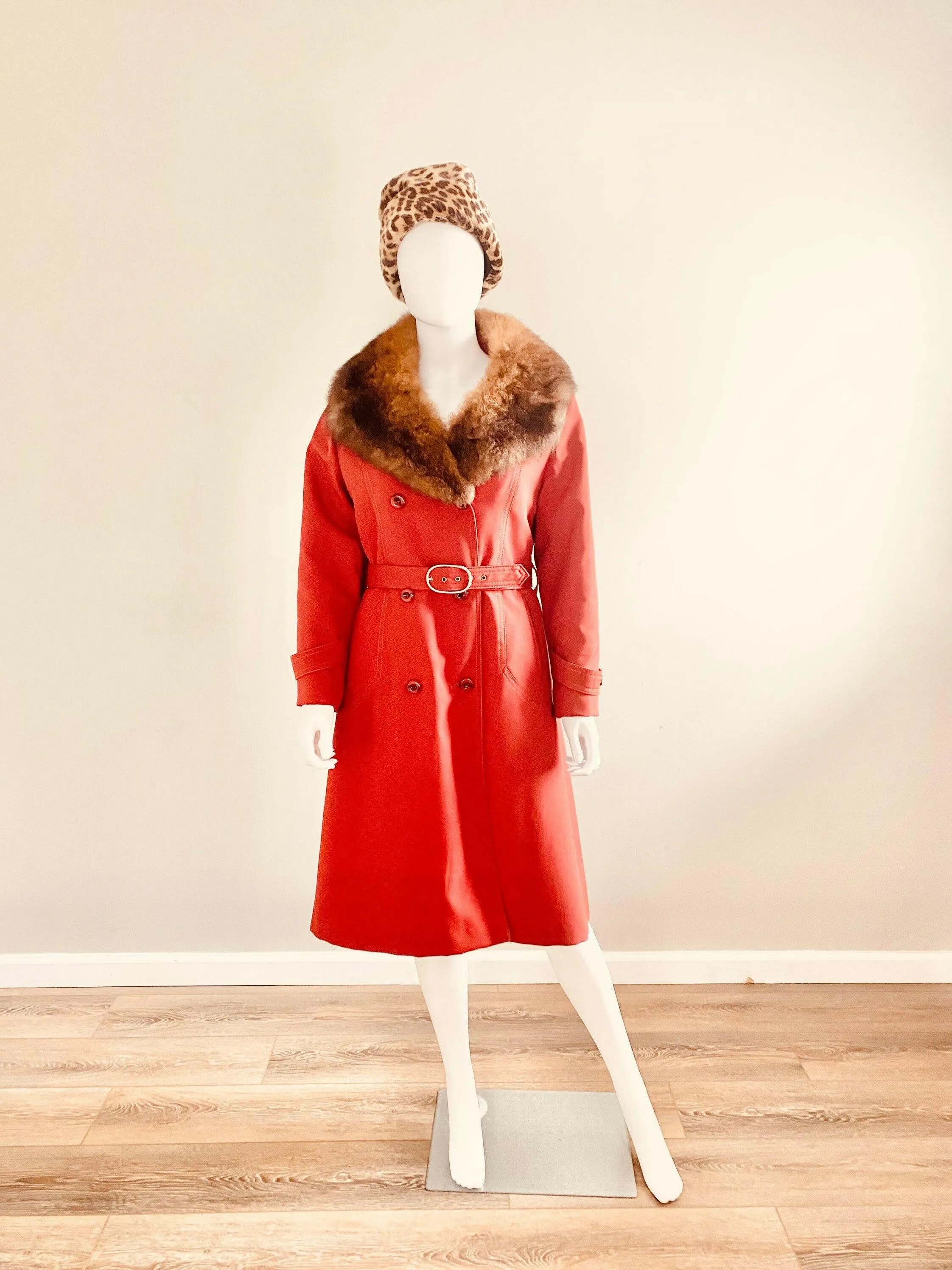 Vintage 1970s Rust Trench Coat with Fur Trim / 70s winter jacket Size S