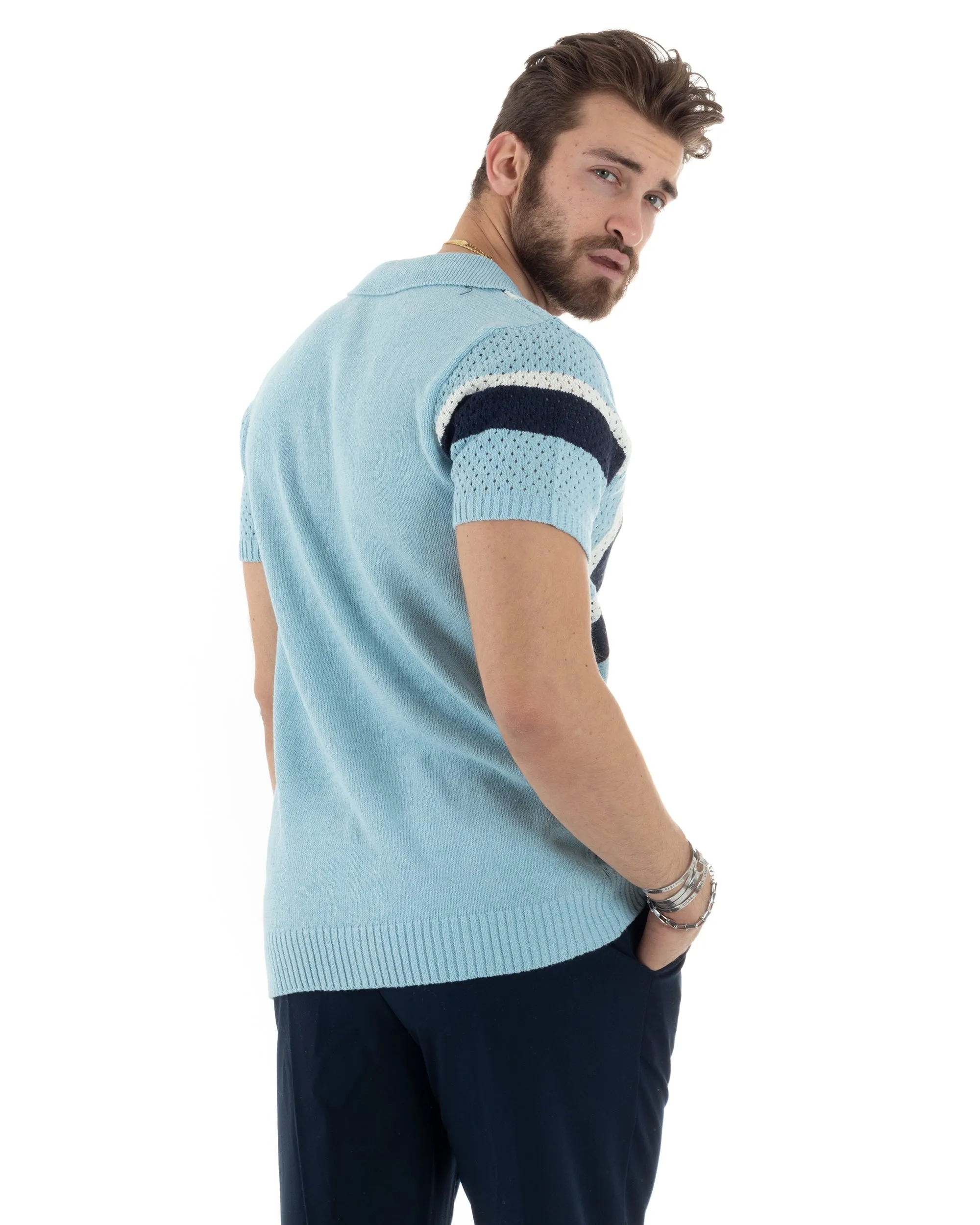 T-shirt Uomo Maglia Polo Traforata Ricamata Cardigan Manica Corta Con Bottoni Celeste Casual GIOSAL-TS2989A