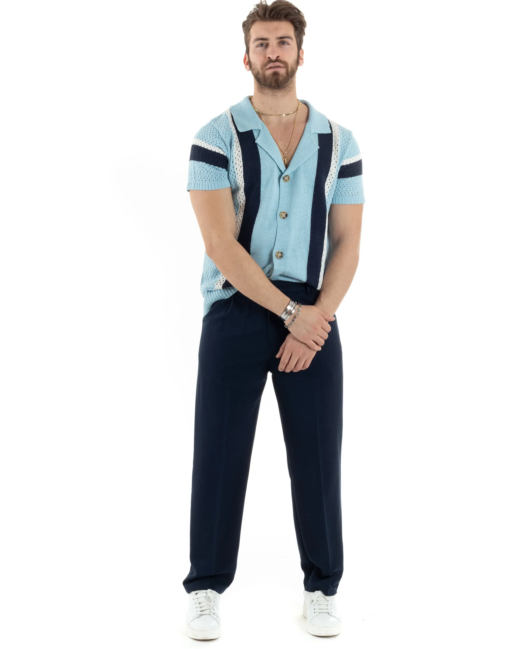 T-shirt Uomo Maglia Polo Traforata Ricamata Cardigan Manica Corta Con Bottoni Celeste Casual GIOSAL-TS2989A