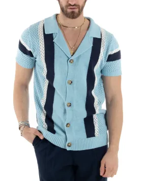 T-shirt Uomo Maglia Polo Traforata Ricamata Cardigan Manica Corta Con Bottoni Celeste Casual GIOSAL-TS2989A