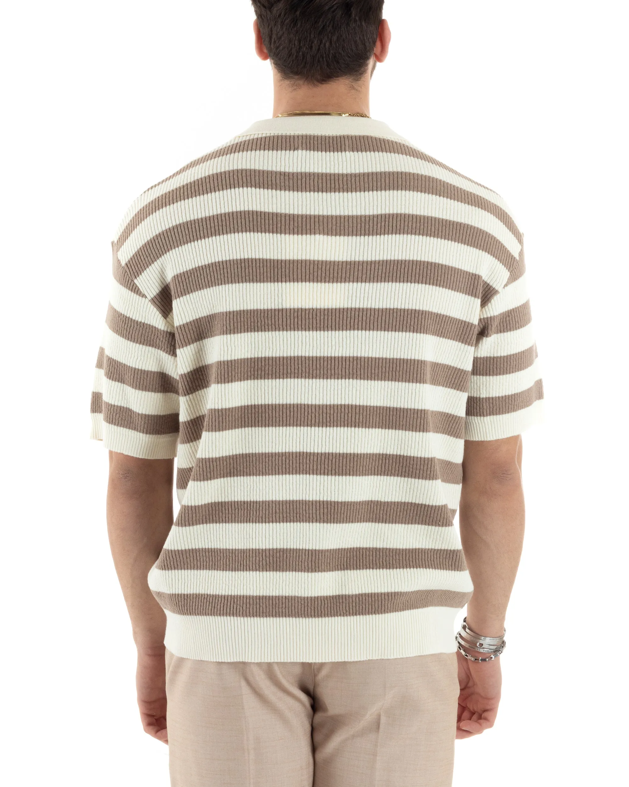 T-Shirt Uomo Maglia In Filo Rigata Beige Maglia Con Colletto Polo Scollo V Casual GIOSAL-TS2992A