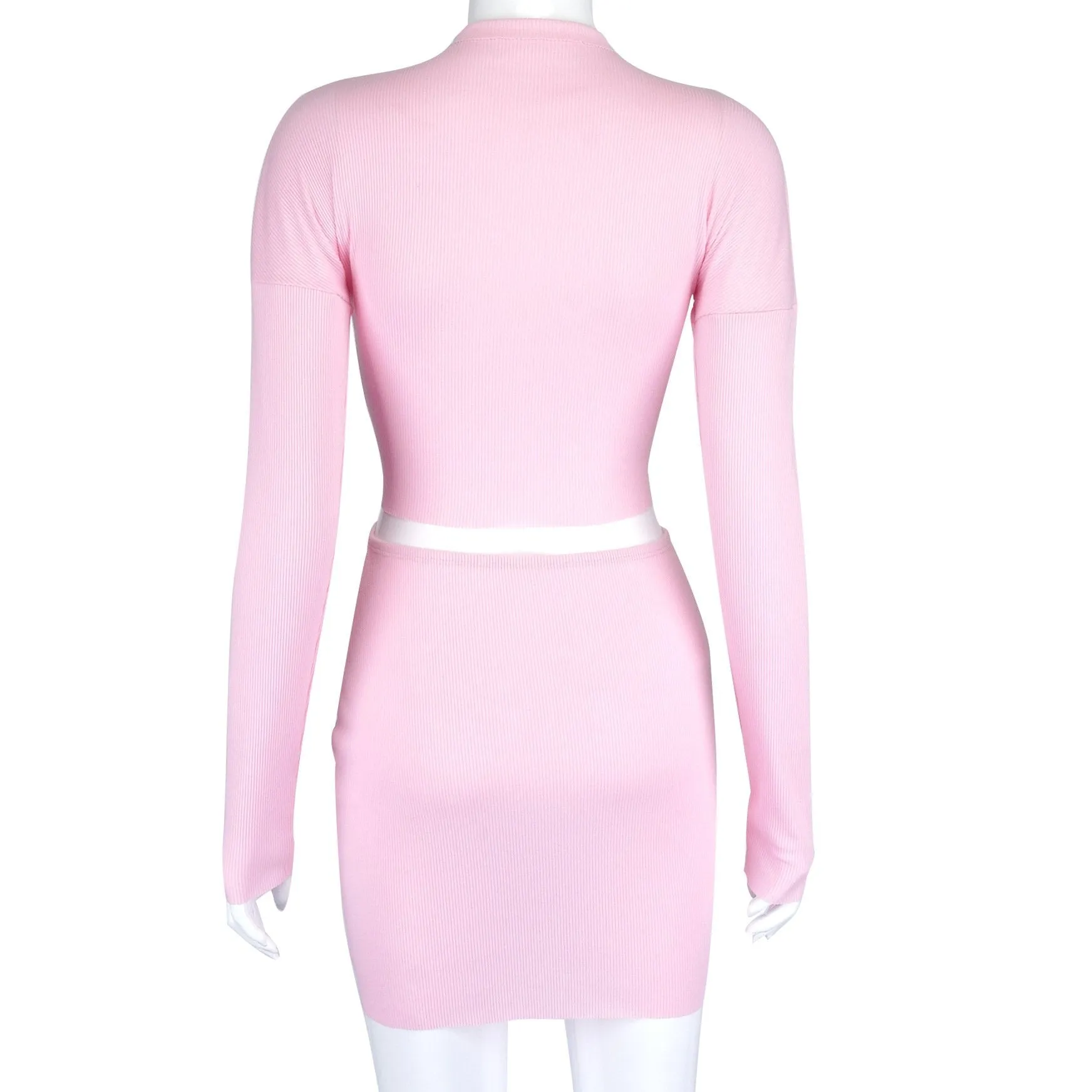 Double Zipper Pink Color Crop Top and Mini Skirt Two-piece Set