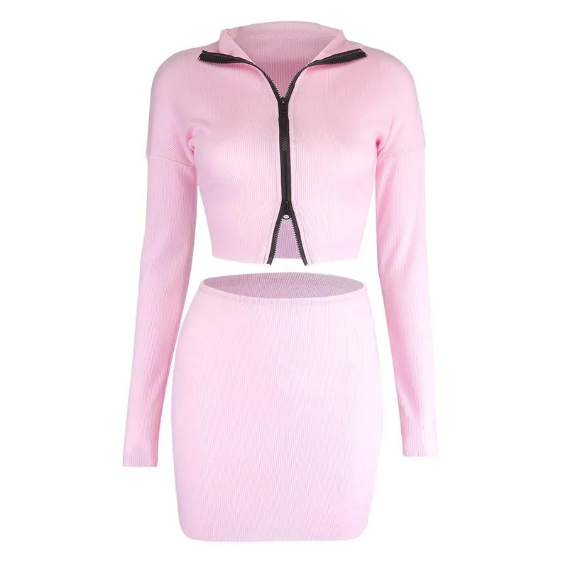 Double Zipper Pink Color Crop Top and Mini Skirt Two-piece Set