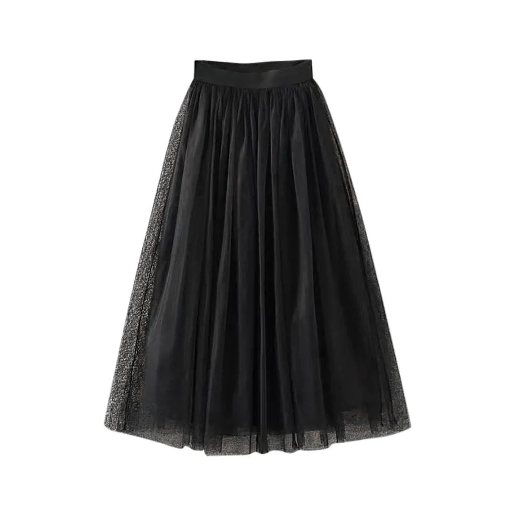 Pleated Tulle Mesh Elastic High Waist A Line Long Skirt