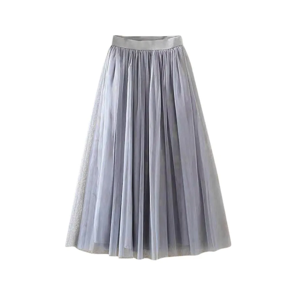 Pleated Tulle Mesh Elastic High Waist A Line Long Skirt