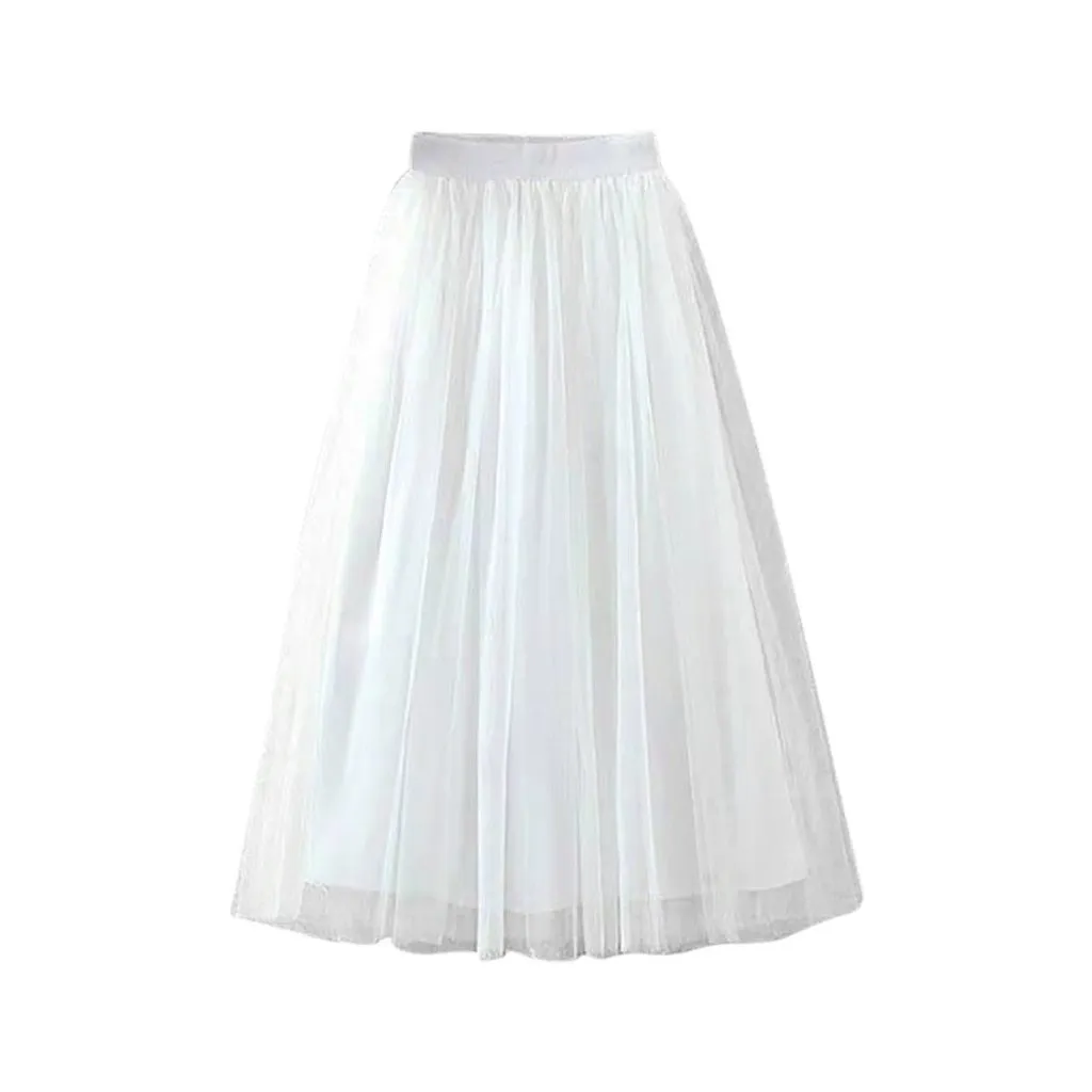 Pleated Tulle Mesh Elastic High Waist A Line Long Skirt