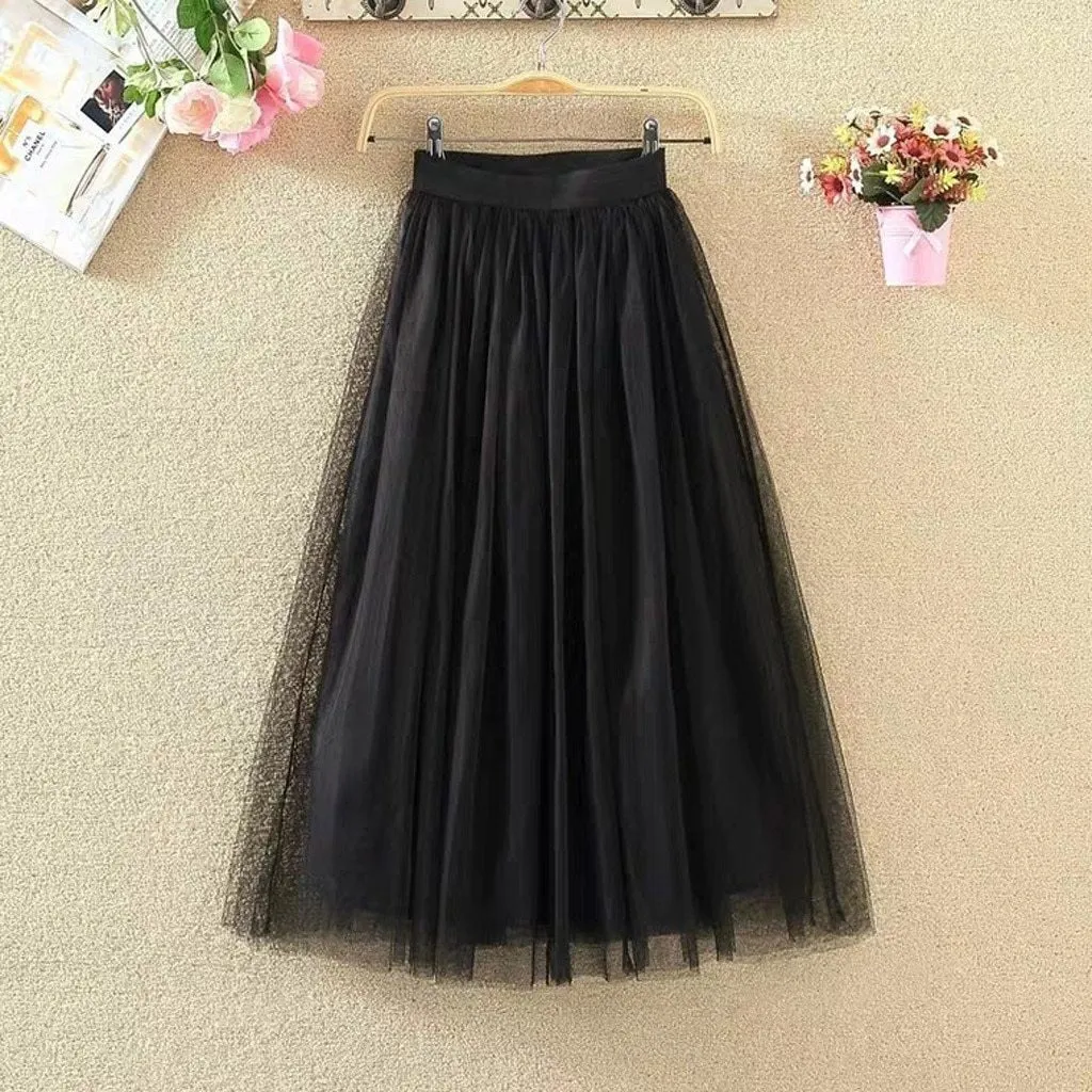 Pleated Tulle Mesh Elastic High Waist A Line Long Skirt