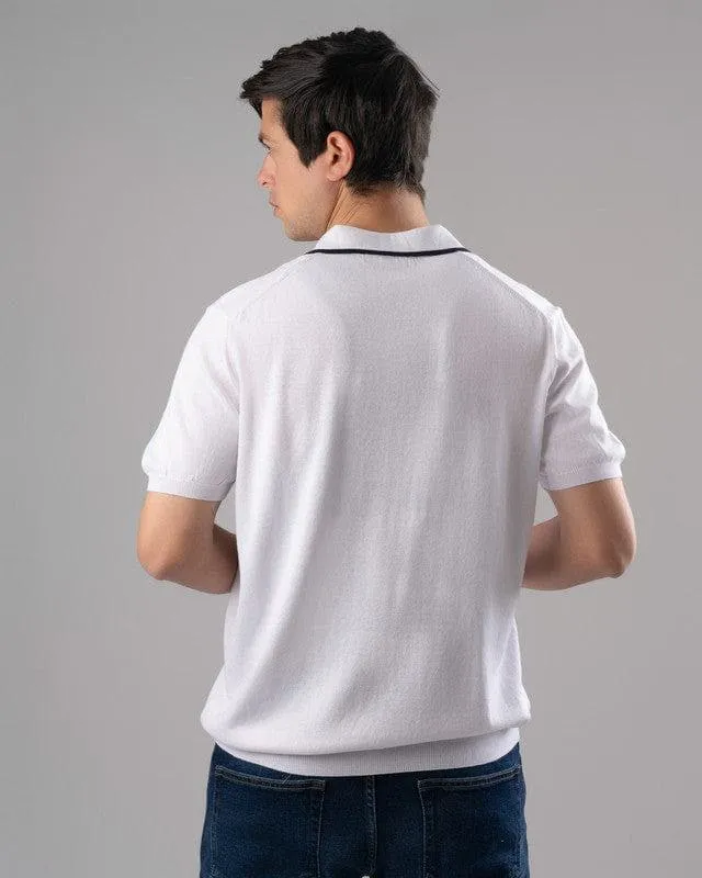 V-NECK KNIT POLO SHIRT  -WHITE