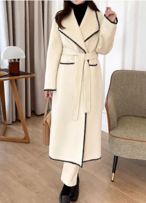 Toothhed Hem Wool Blend Belted Long Coat