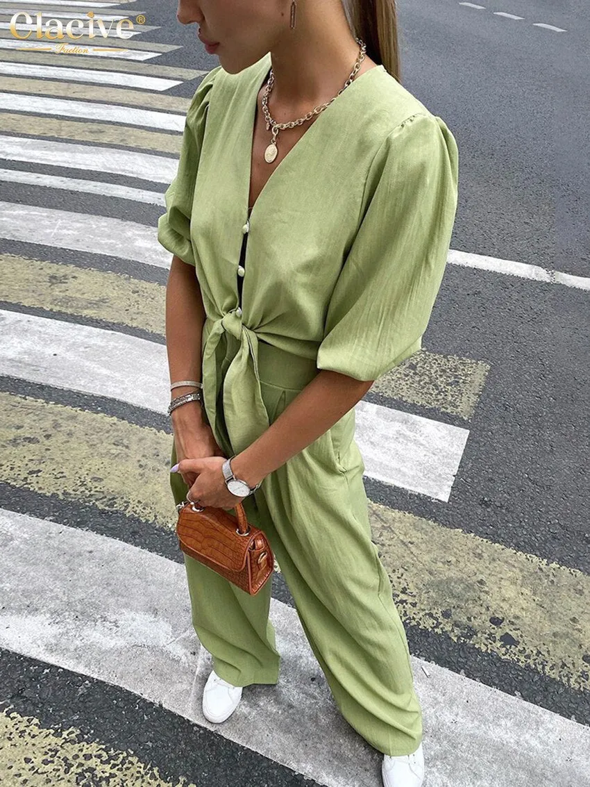 Summer Puff Sleeve Shirts Set Woman 2 Piece Casual High Waist Wide Trouser Suits Female Vintage Loose Green Pants Set