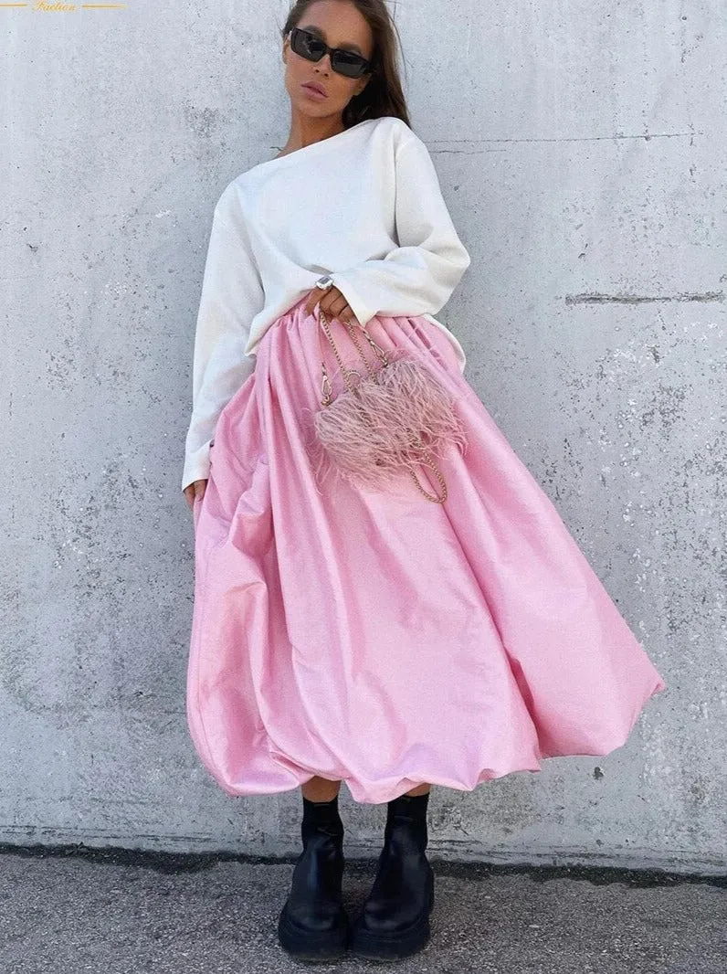 Ashore Shop Trend Long Puffy Beige Satin Skirts Office Lady Ankle-Length Skirt Casual Loose Skirt