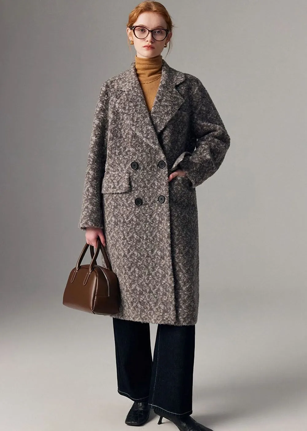 Melanie Jacquard Double Breasted Wool Fleece Long Coat