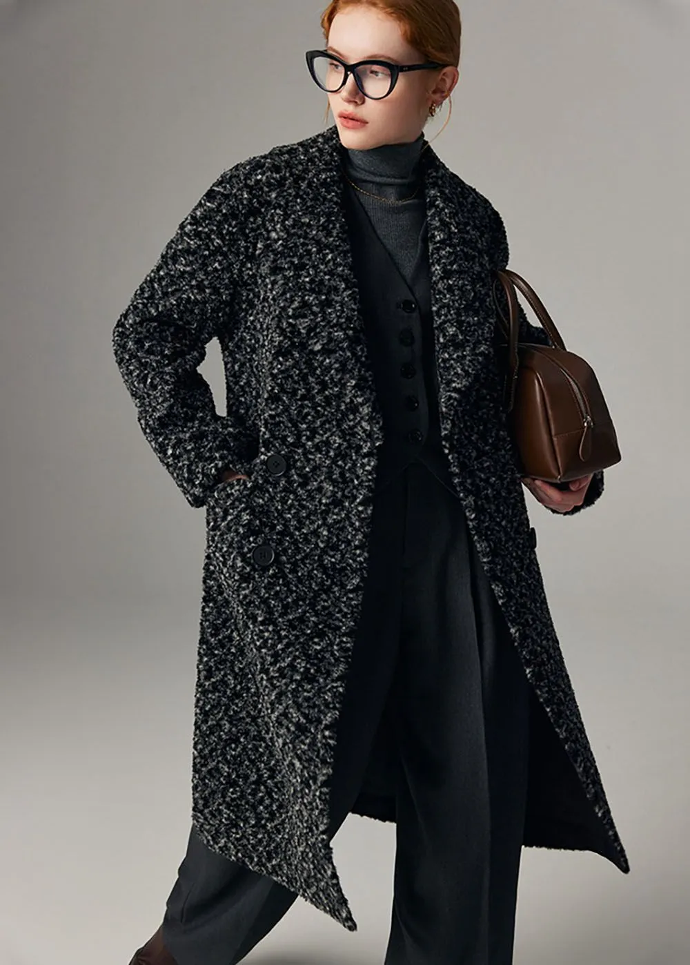 Melanie Jacquard Double Breasted Wool Fleece Long Coat