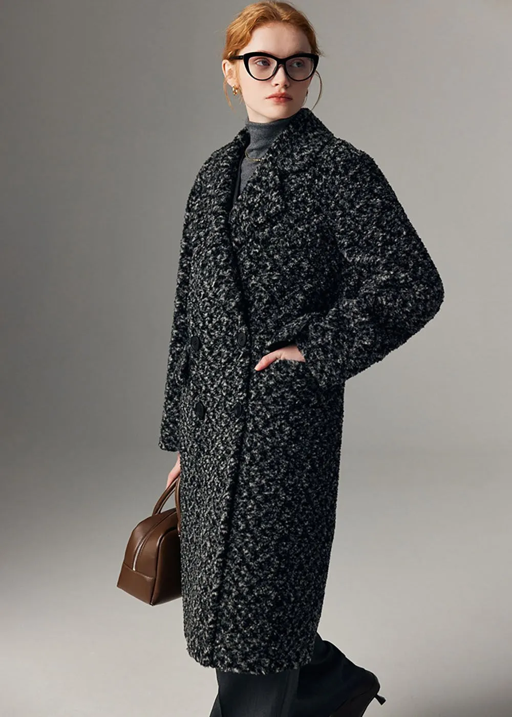 Melanie Jacquard Double Breasted Wool Fleece Long Coat