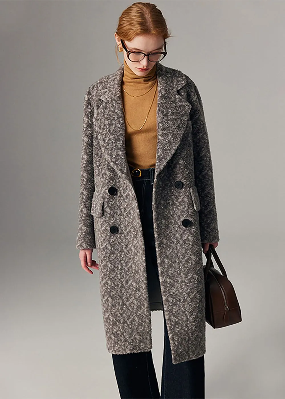 Melanie Jacquard Double Breasted Wool Fleece Long Coat