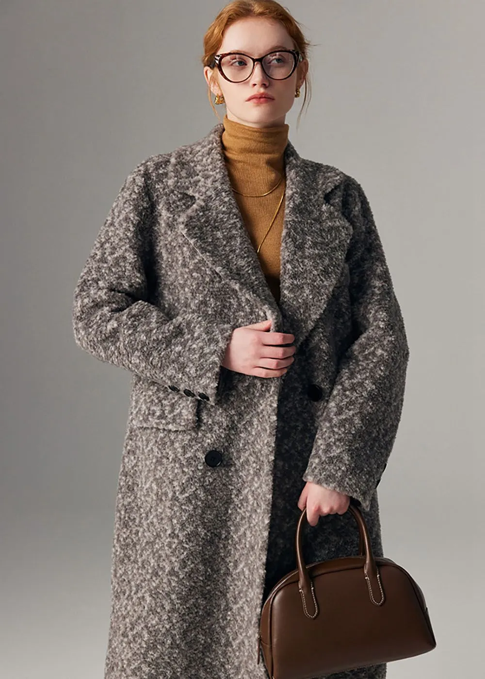 Melanie Jacquard Double Breasted Wool Fleece Long Coat