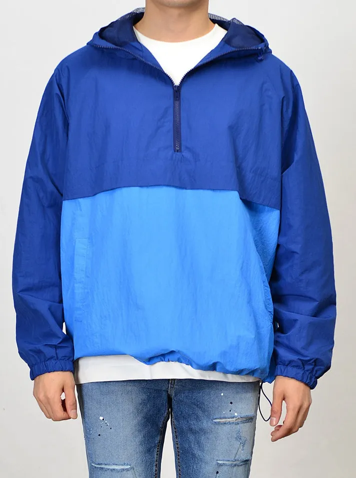 Blue Color Block Hooded Windreaker Jackets For Mens Hiphop Streetwear