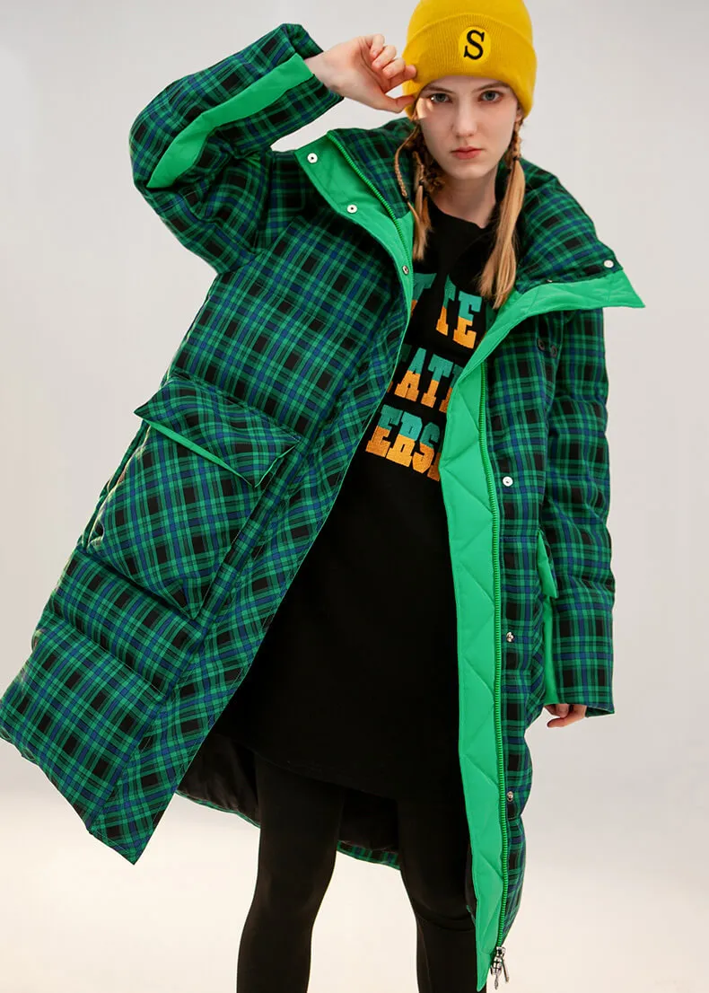 Estelle Green Plaid Thickened Duck Down Puffer Coat