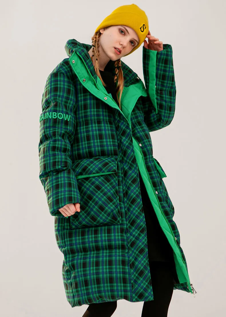 Estelle Green Plaid Thickened Duck Down Puffer Coat