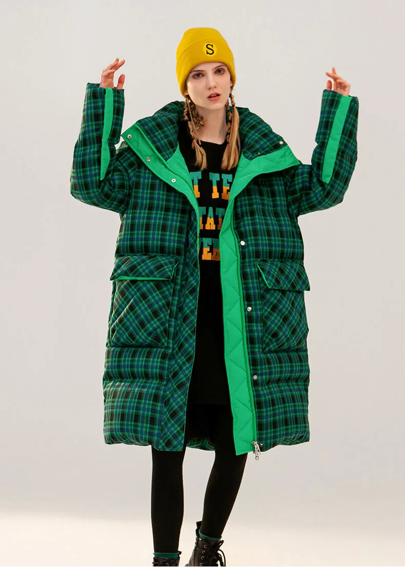 Estelle Green Plaid Thickened Duck Down Puffer Coat