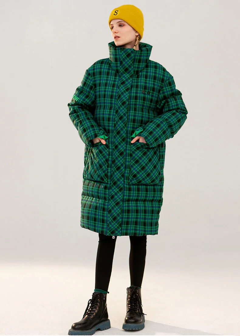 Estelle Green Plaid Thickened Duck Down Puffer Coat