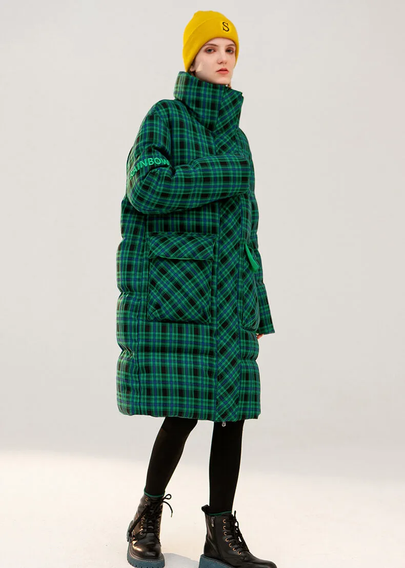 Estelle Green Plaid Thickened Duck Down Puffer Coat