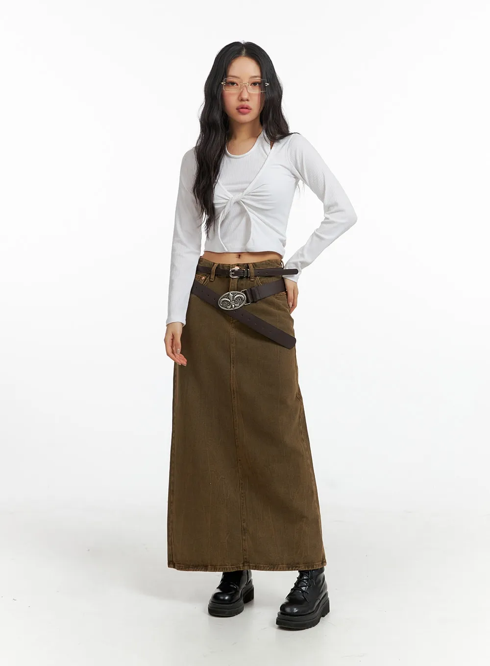 Washed Denim Maxi Skirt CF407