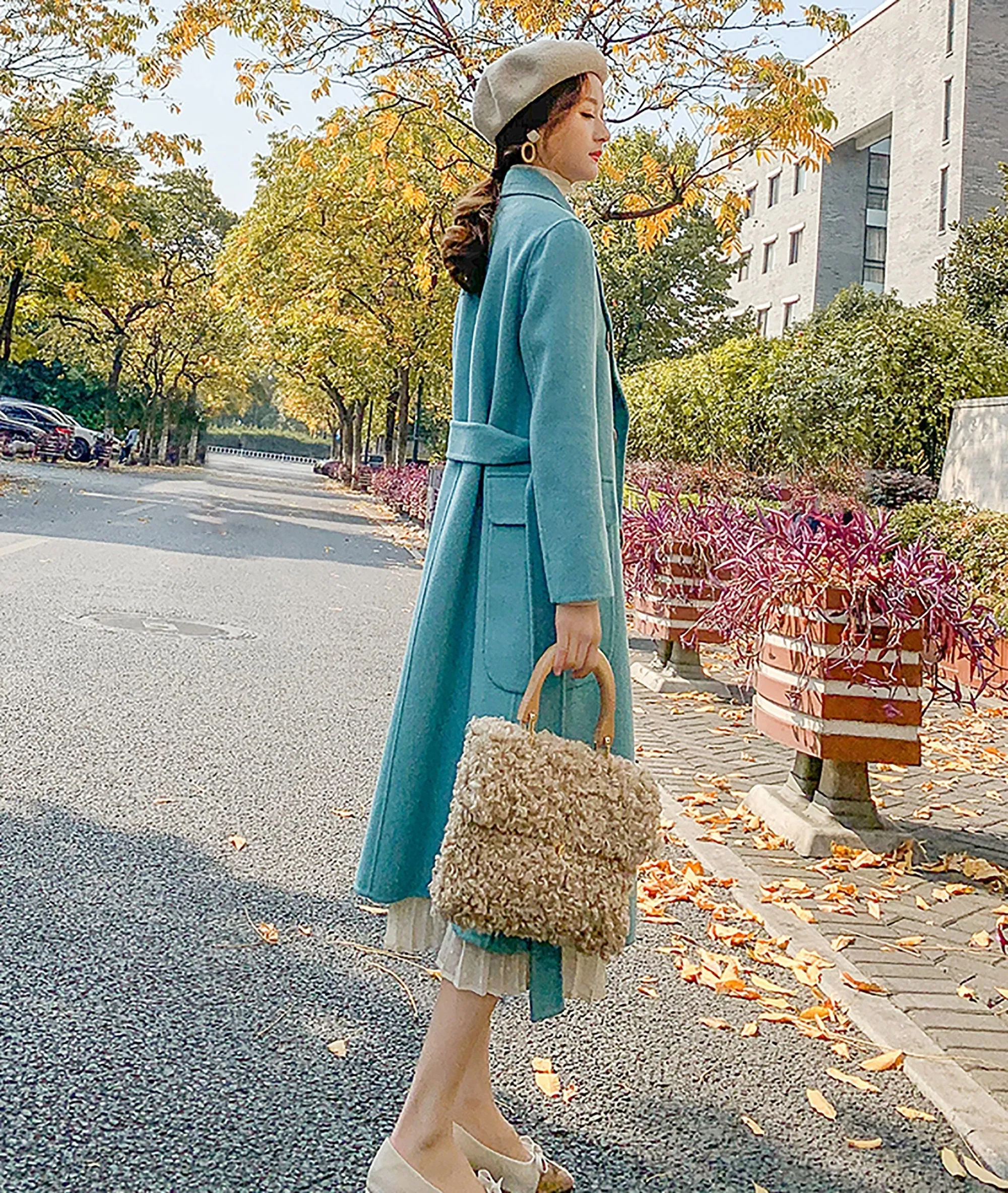 Women Blue double-faced Wool cashmere coat Double-breasted woolen coat Winter wool Blend Overcoat Shift Waist Belted fall coat outerwear