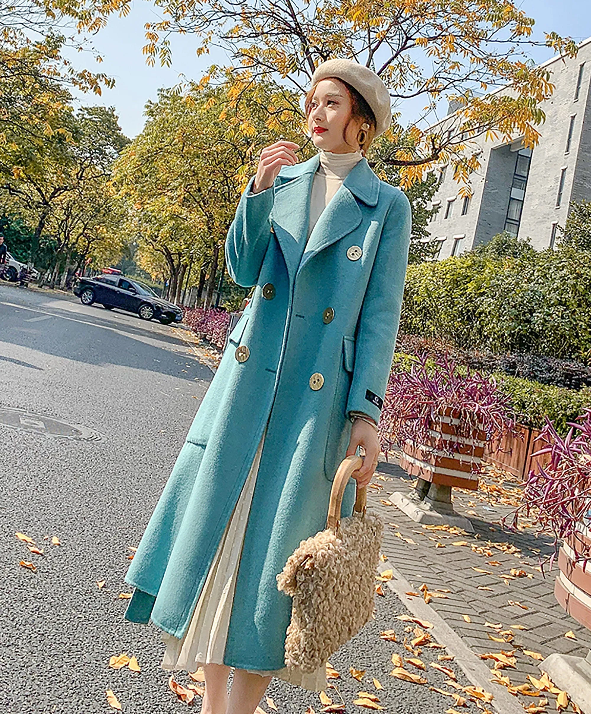 Women Blue double-faced Wool cashmere coat Double-breasted woolen coat Winter wool Blend Overcoat Shift Waist Belted fall coat outerwear