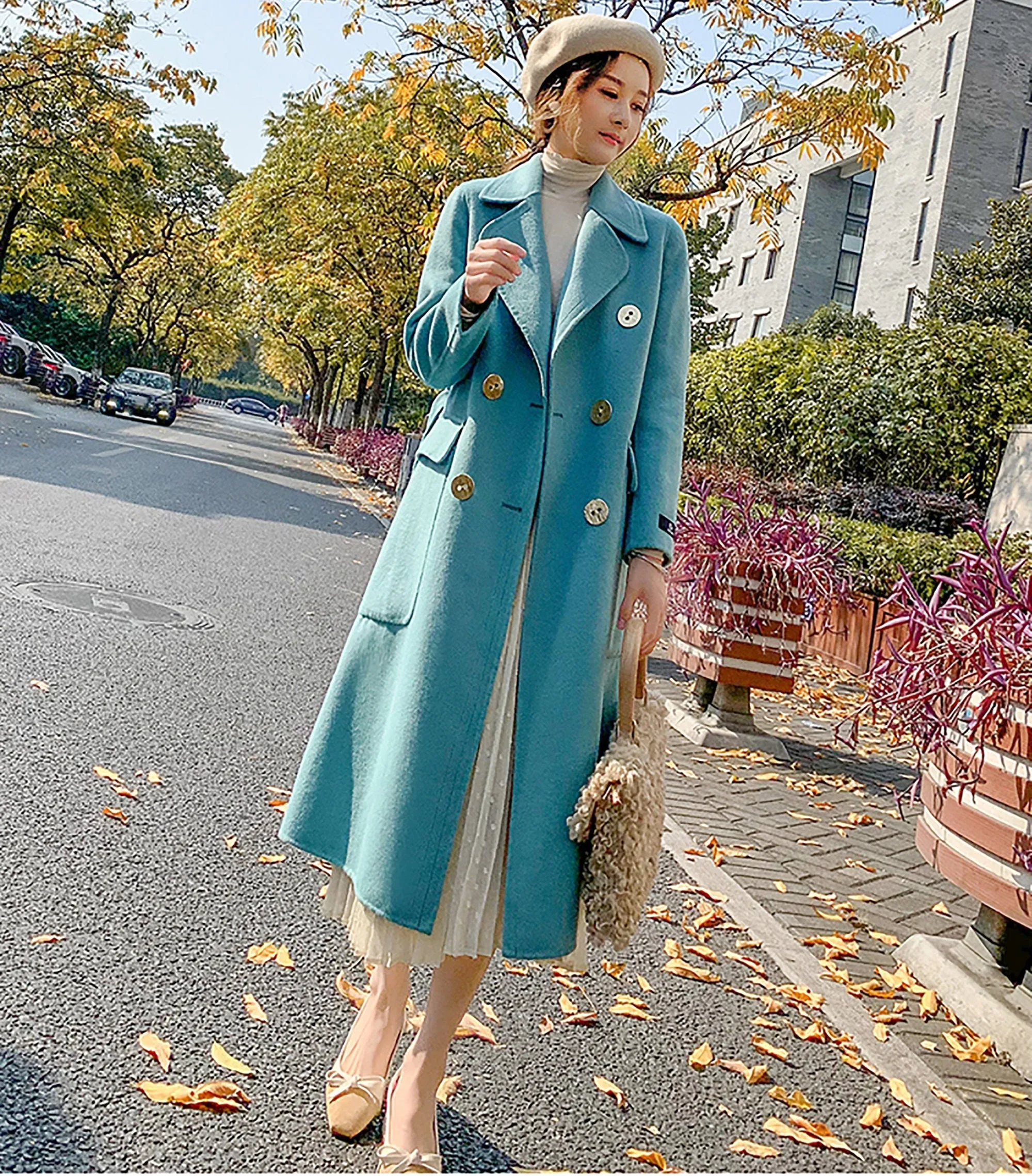 Women Blue double-faced Wool cashmere coat Double-breasted woolen coat Winter wool Blend Overcoat Shift Waist Belted fall coat outerwear