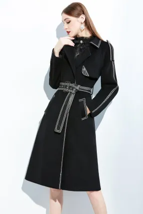 Women Black Long Wool Coat,Belted Leather Wool Overcoat