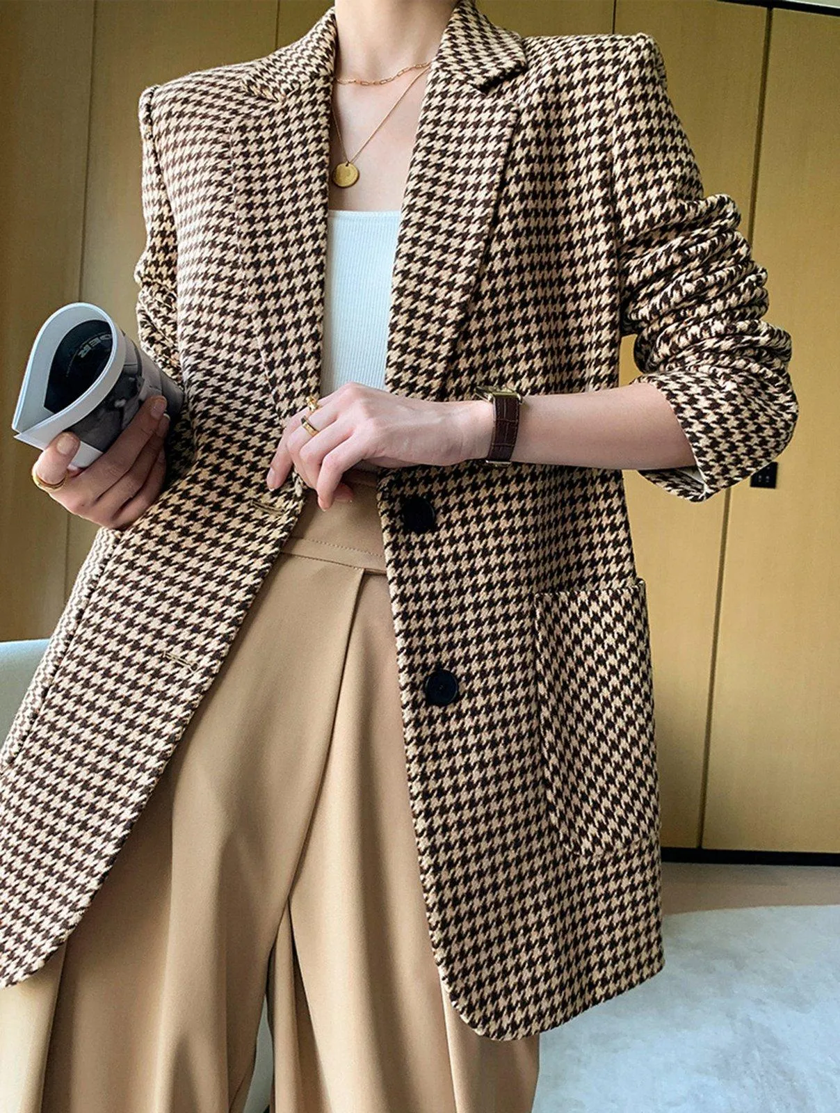 Women Grid Woolen Coat,Wool Blazer Coat,Women Wool Overcoat,Business Belt Coat,Autumn Winter Coat,Women Outerwear,Wool Jacket ,Casual coat