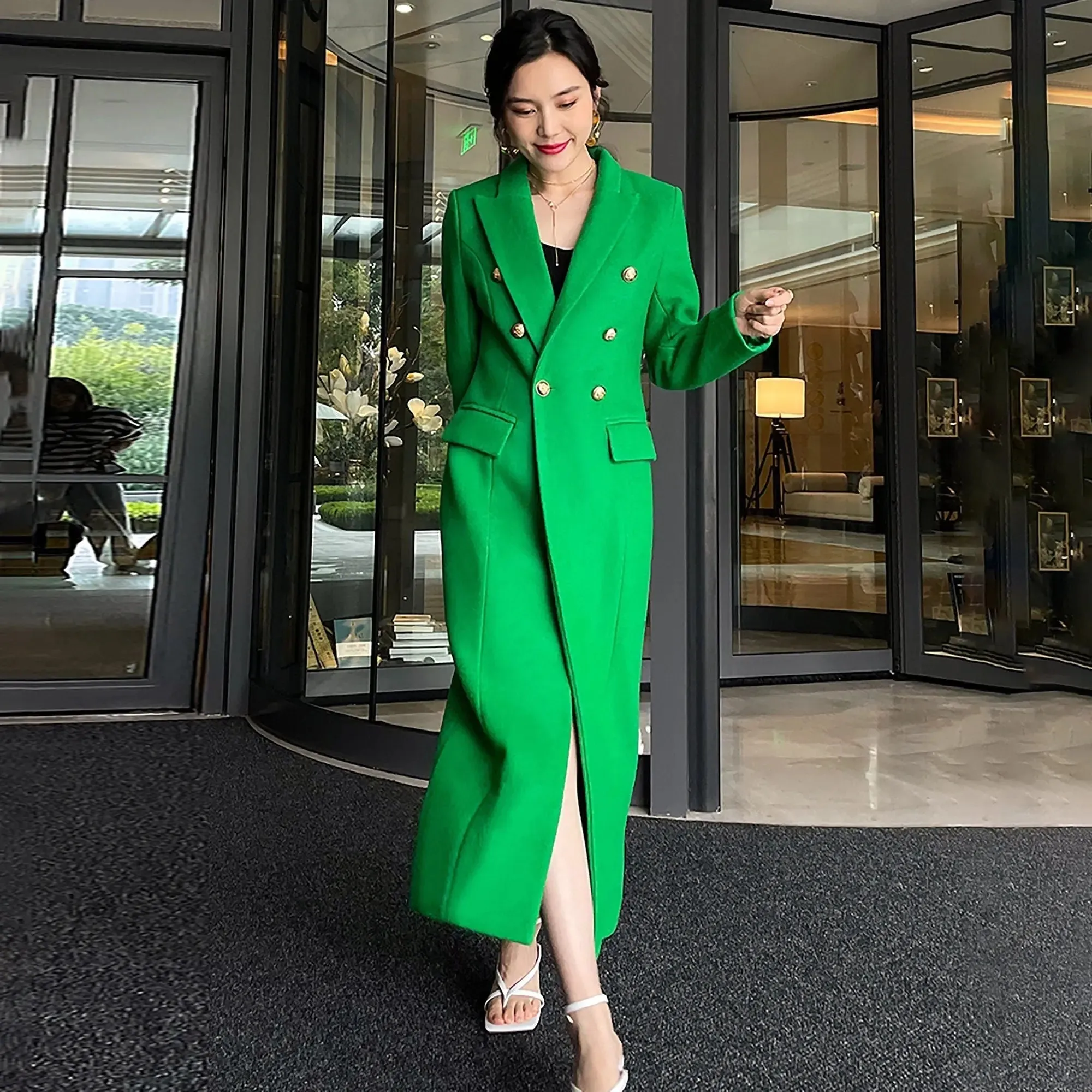 Women's long woolen coat,Green wool Long coat,Double Breasted Wool Blend Coat,Fall Winter Coat for women Wool Overcoat Trench Outerwear