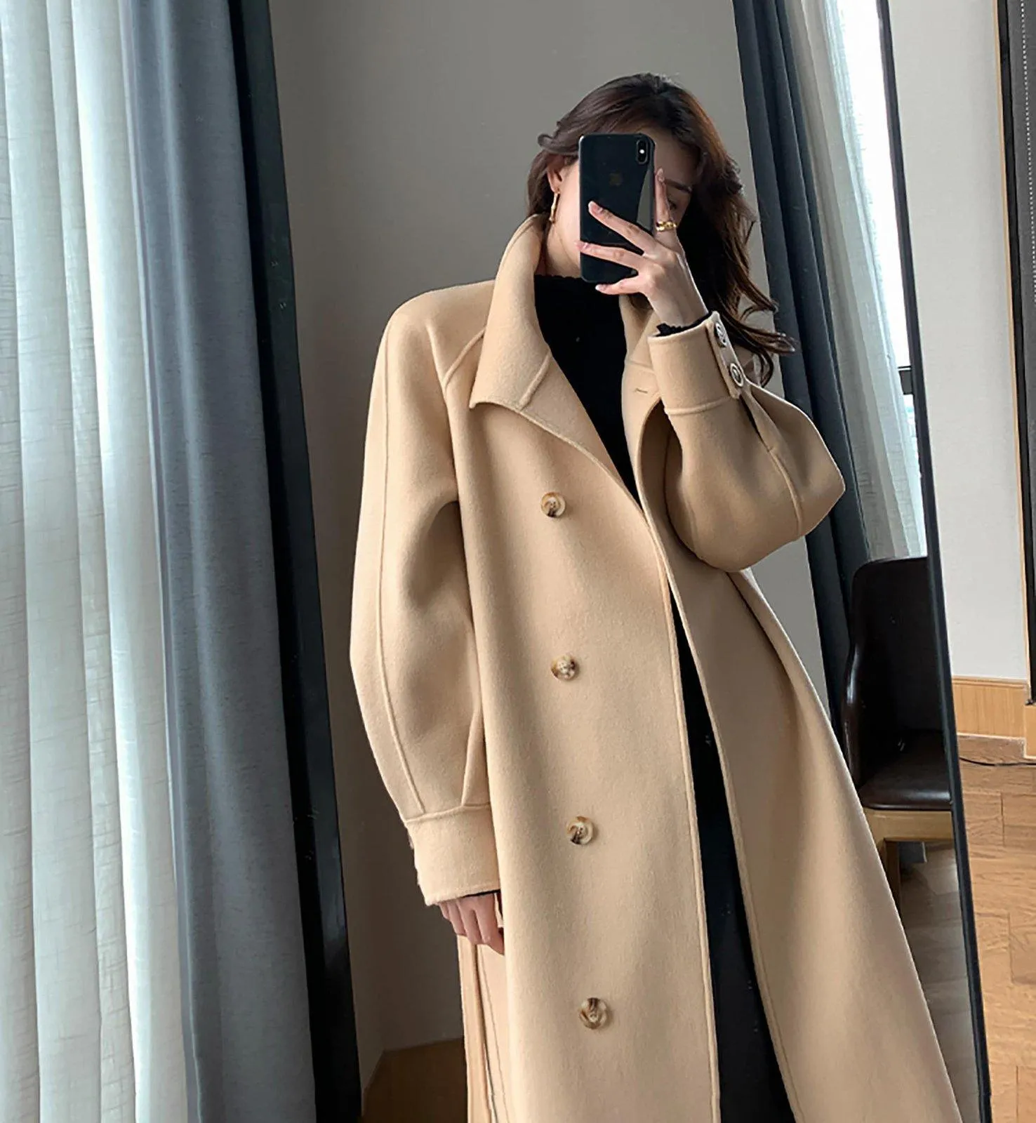 Women Camel Wool Long coat,Grey White Wool Coat,Double Face Wool Coat,Beige Wool Coat,Wool Overcoat,Winter Coat Women,Loose Long Wool Coat