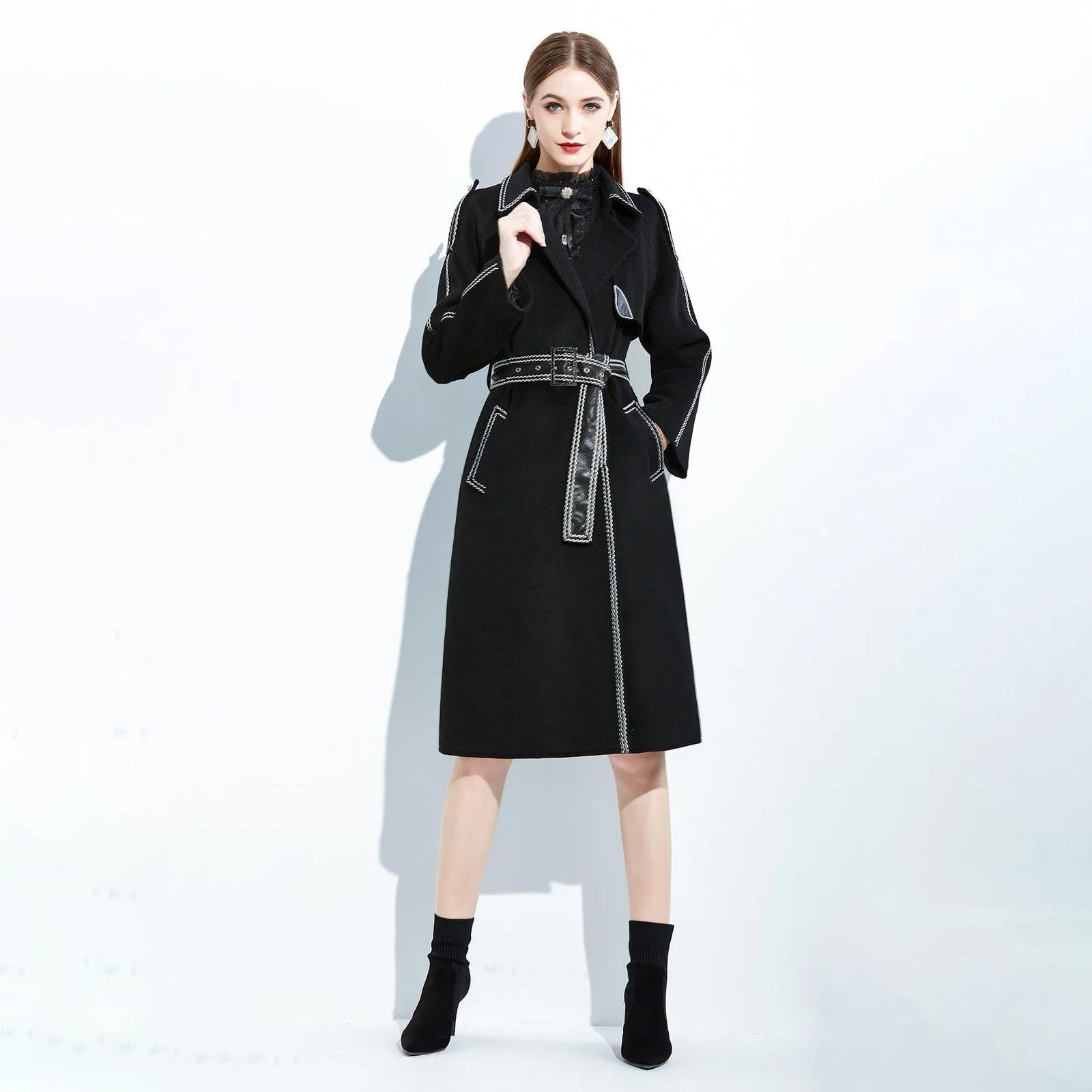 Women Black Long Wool Coat,Belted Leather Wool Overcoat