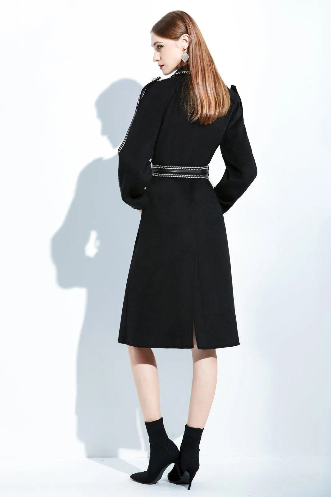 Women Black Long Wool Coat,Belted Leather Wool Overcoat