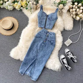 Women Jeans Vest Skirts Sets Straps Tops Buttons Denim Skirt Suits for Woman