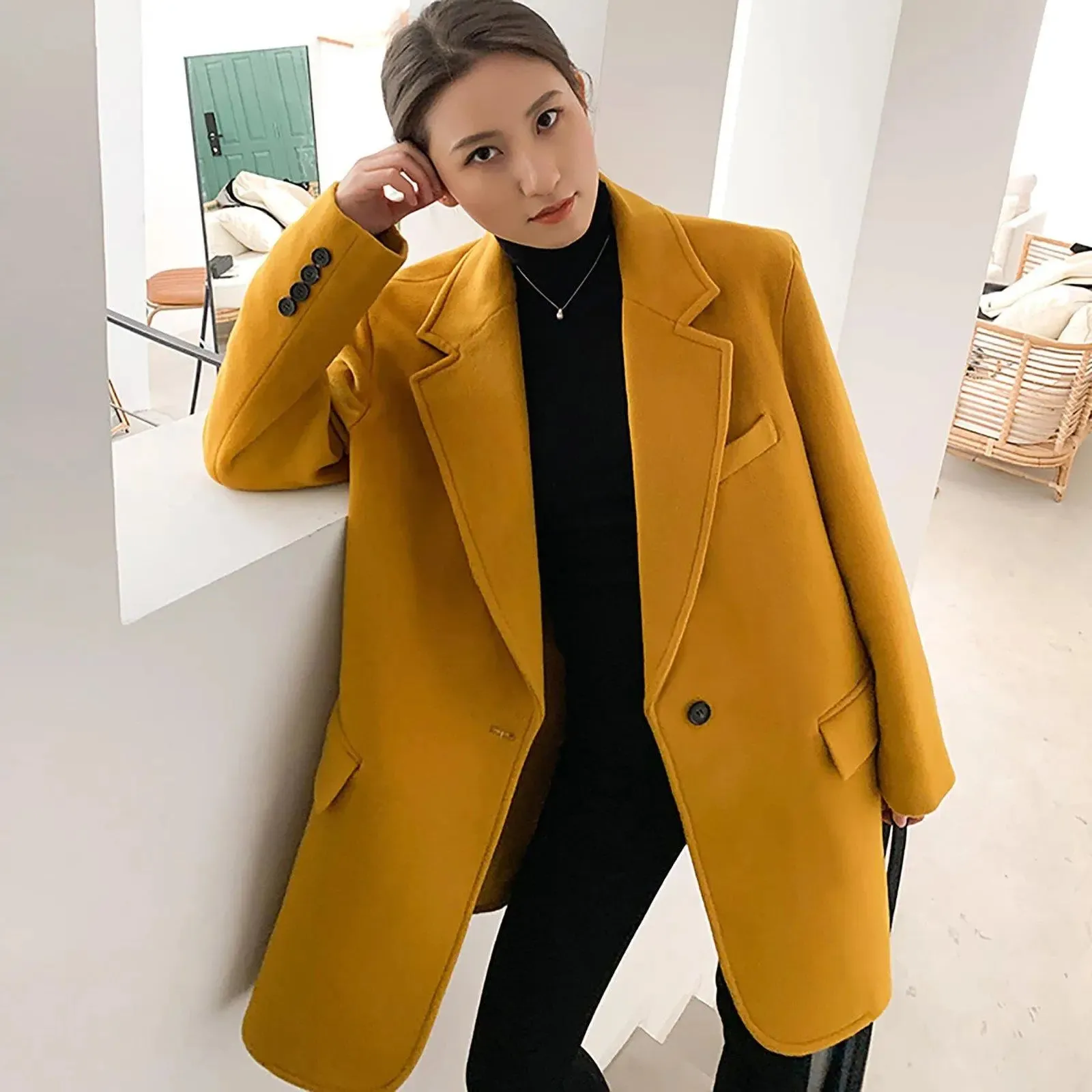 Women's Wool Coat,Yellow Wool Blazer Coat,Oversize Wool Suit Coat,Black Wool Blazer Coat,Loose Suit Women,Autumn Winter Coat,Wool Overcoat