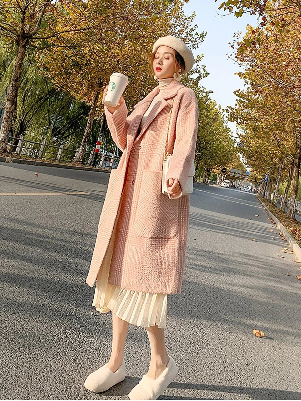 Winter pink plaid fleece coat Women Wool Blend coat Notched lapel drop waist Oversize Trench Woolen Coat Loose Overcoat fall coat outerwear