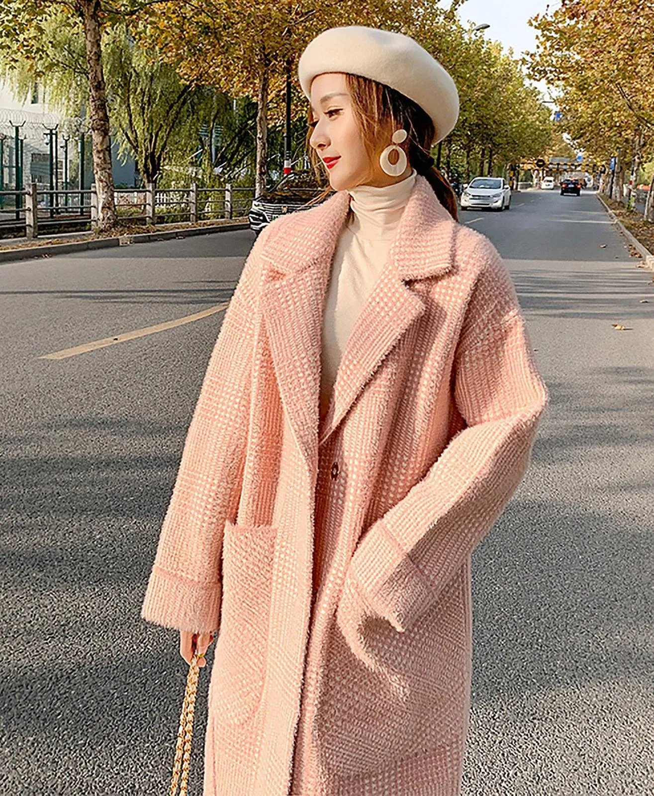 Winter pink plaid fleece coat Women Wool Blend coat Notched lapel drop waist Oversize Trench Woolen Coat Loose Overcoat fall coat outerwear