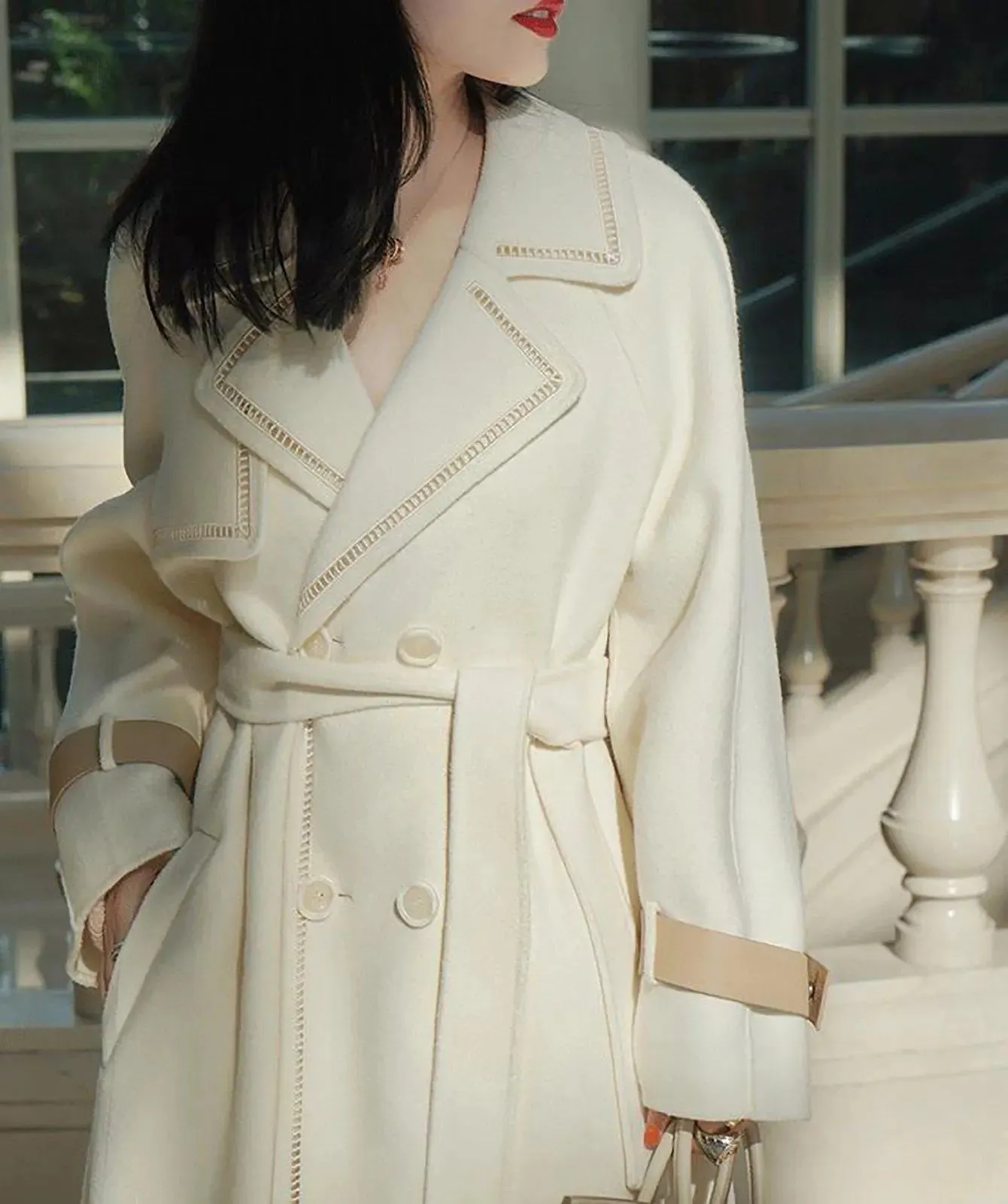 White Cashmere Wool Belted Coat