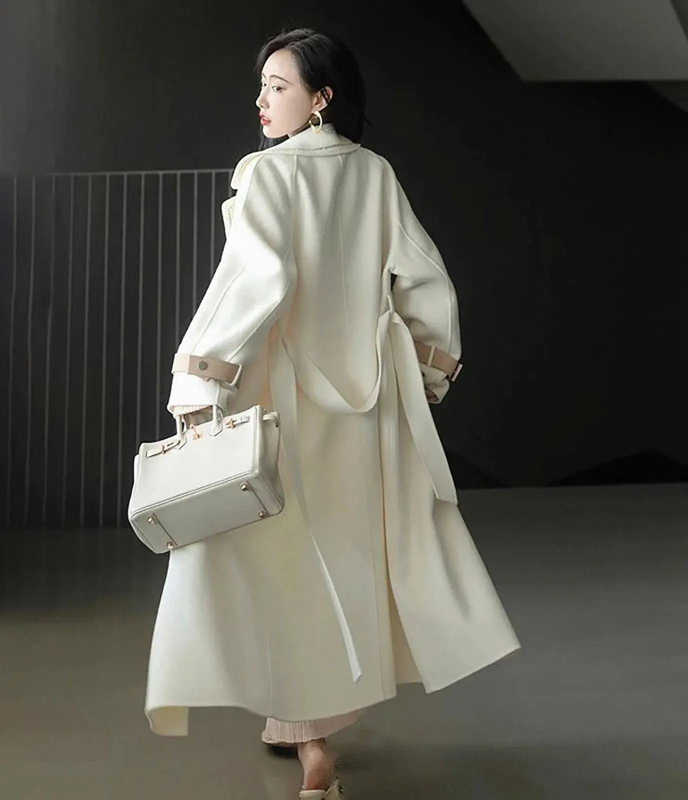 White Cashmere Wool Belted Coat