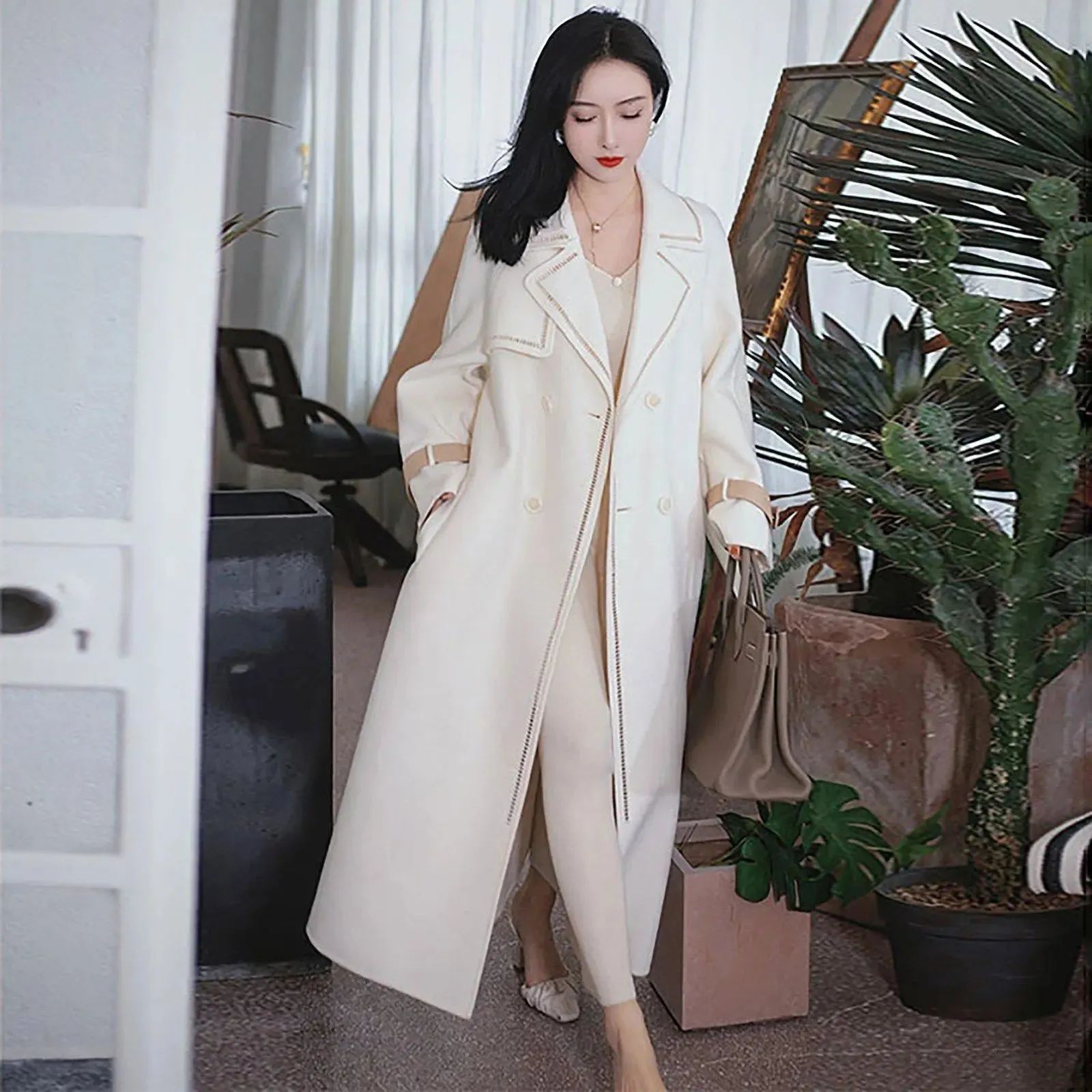 White Cashmere Wool Belted Coat