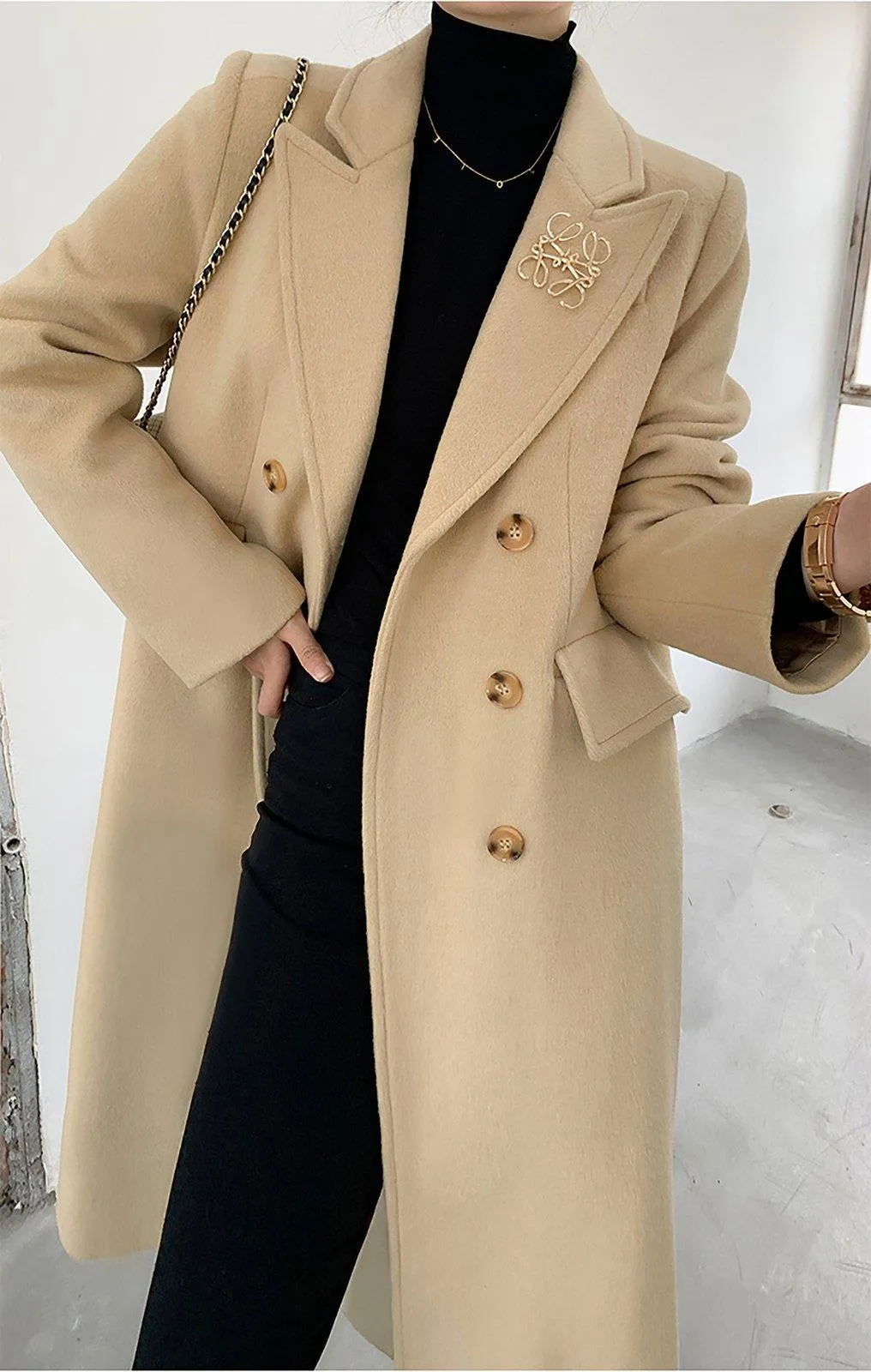 Women Black Oversize Double Breasted Woolen coat,loose over-the-knee Wool Blend Reefer Coat,Fall Winter wool Overcoat,Camel Wool Trench Coat