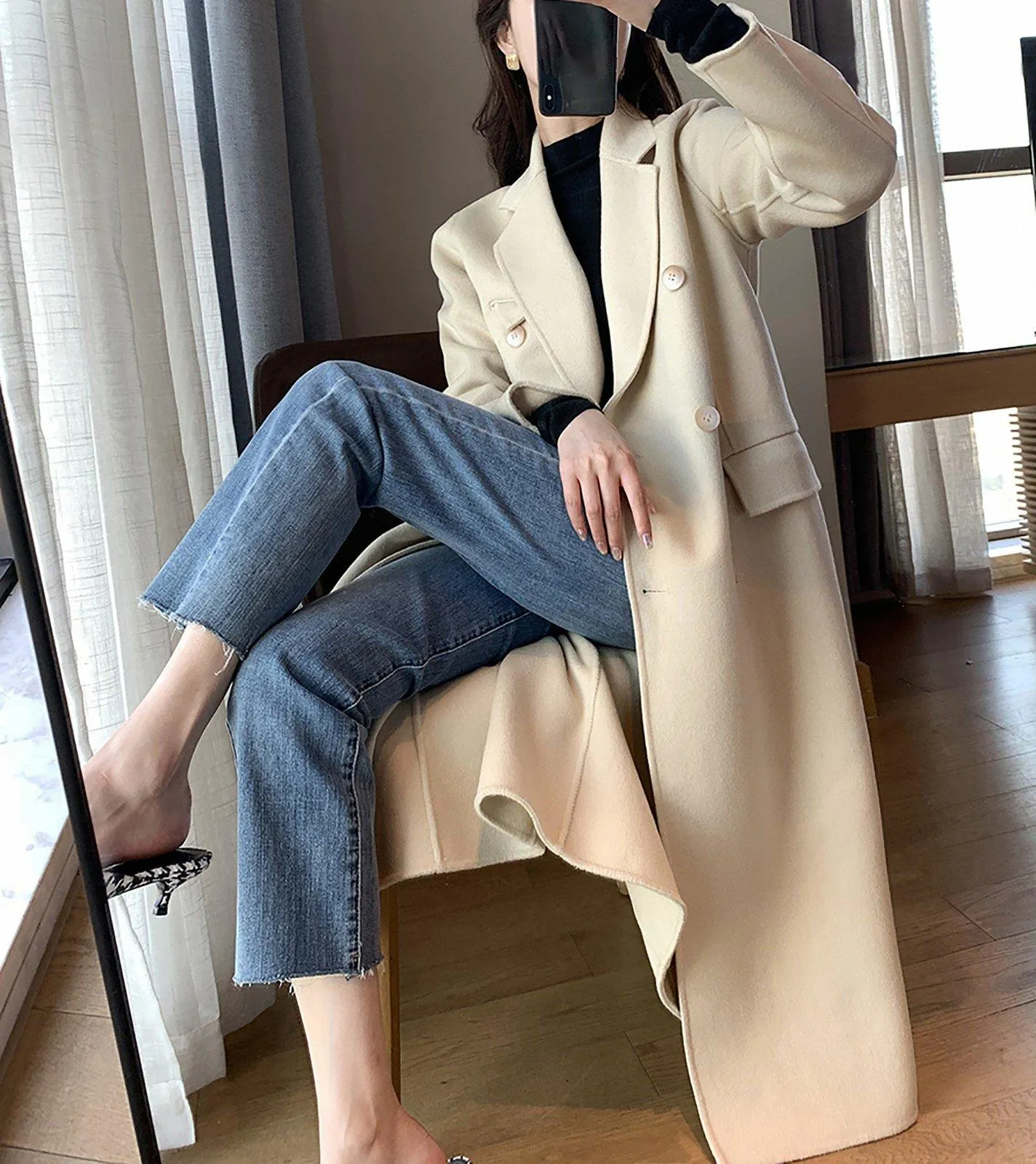 Women Olive Green Wool Long Coat,Double Faced Long Wool Coat,Warm Winter Coat,Wool Overcoat,Double breasted Woolen Coat,Beige Long Wool Coat